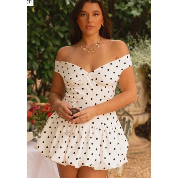 Peppermayo Dresses & Skirts - Peppermayo Endless romance off the shoulder White and Black Polka Dot Mini Dress